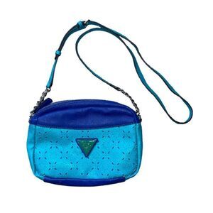 Guess Bold Royal Sky Blue Leather Crossbody Handbag Purse Statement Cutout Vtg